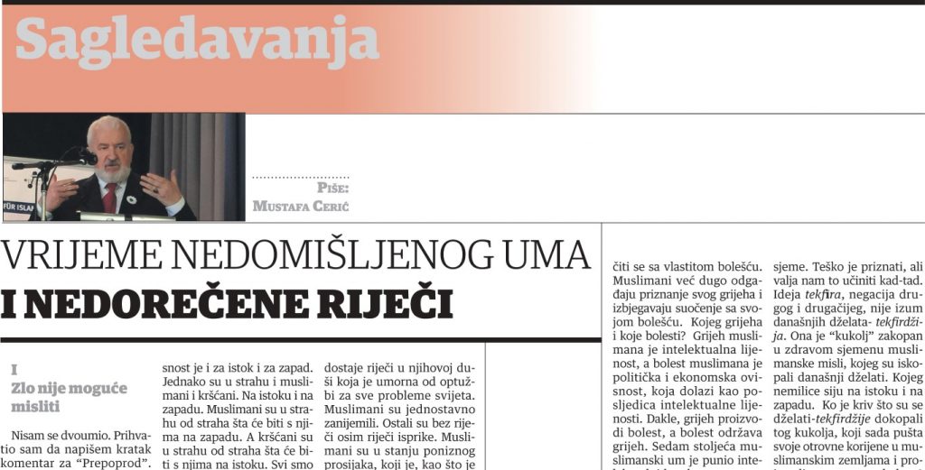 Dr. Mustafa Cerić – Vrijeme nedomišljenog uma i nedorečene riječi